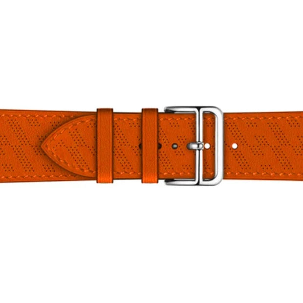 Orange perforated leather Apple Watch band with silver buckle and single tour design