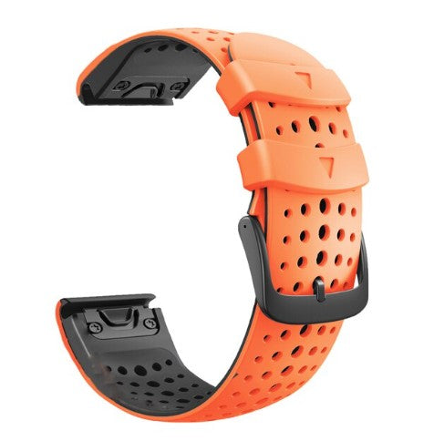 Orange and black perforated silicone sports watch band with quick-release pins and ventilation holes