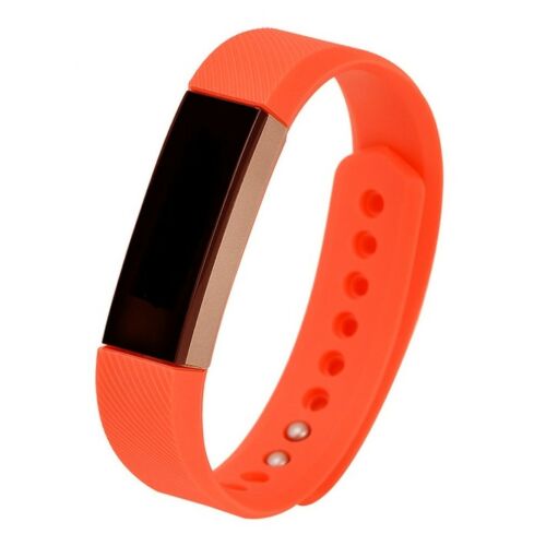 Orange silicone fitness tracker band with adjustable strap and black digital display screen