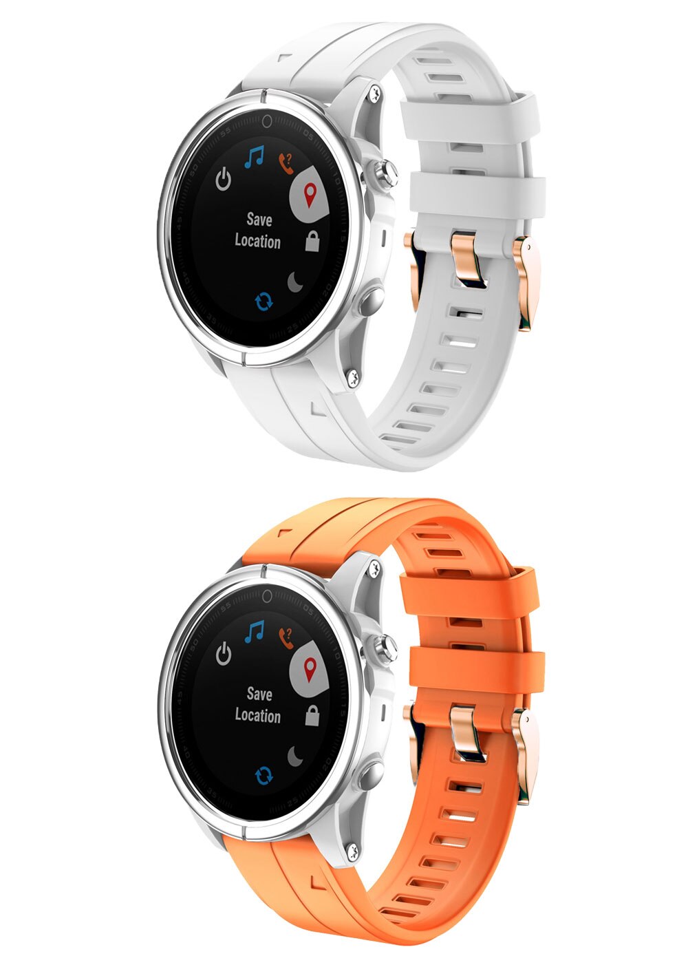 Smartwatch with white and orange silicone QuickFit bands, rose gold hardware, AMOLED display showing location features