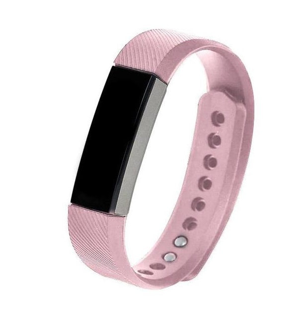 Pink silicone fitness tracker band with black rectangular display and adjustable strap with button closures