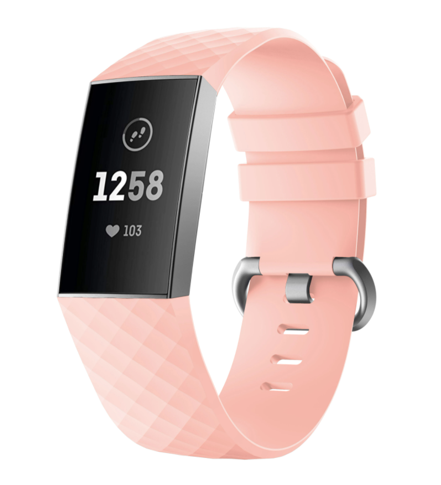Pink silicone fitness tracker band with black digital display showing time 1258 and heart rate monitor for Fitbit Charge