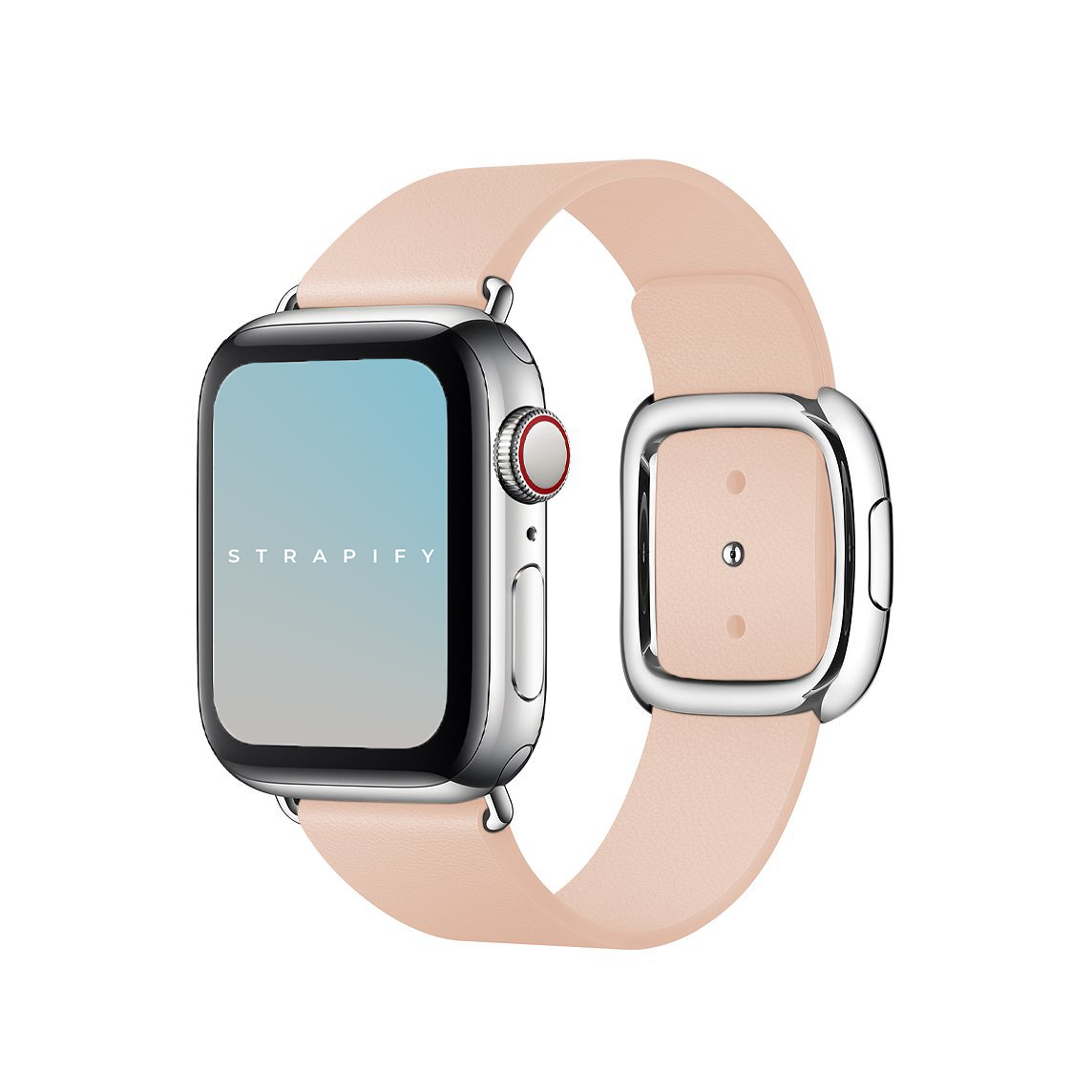 Silver stainless steel smartwatch with pale pink leather band and modern buckle closure