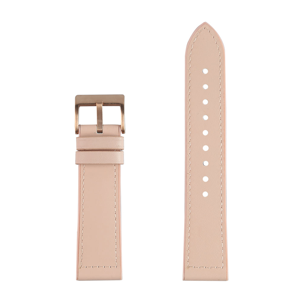Pale pink leather hybrid quick release watch band with rose gold buckle and white stitching detail