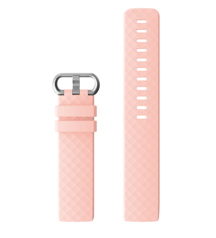 Pink silicone sport watch band with textured pattern and ventilation holes for Fitbit Charge 3 and 4