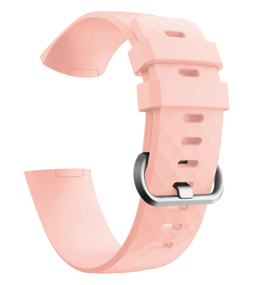 Pale pink silicone replacement band for Fitbit Charge 3 and Charge 4 fitness tracker with metal buckle clasp