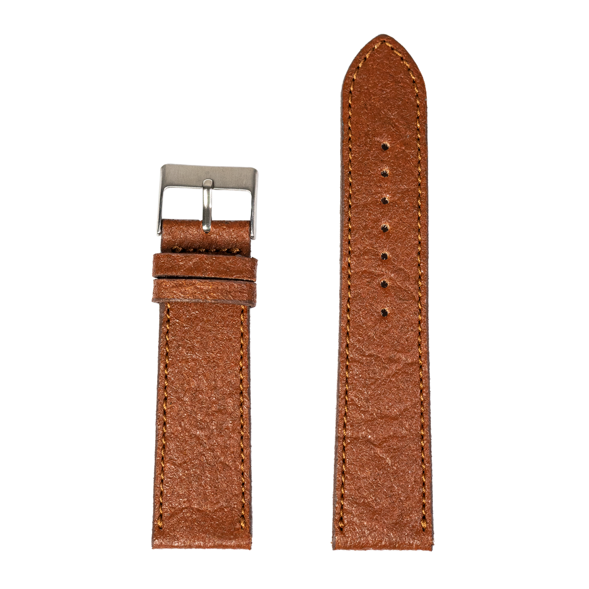 Brown vegan leather watch band with tan stitching and brushed silver buckle, shown fully extended and coiled