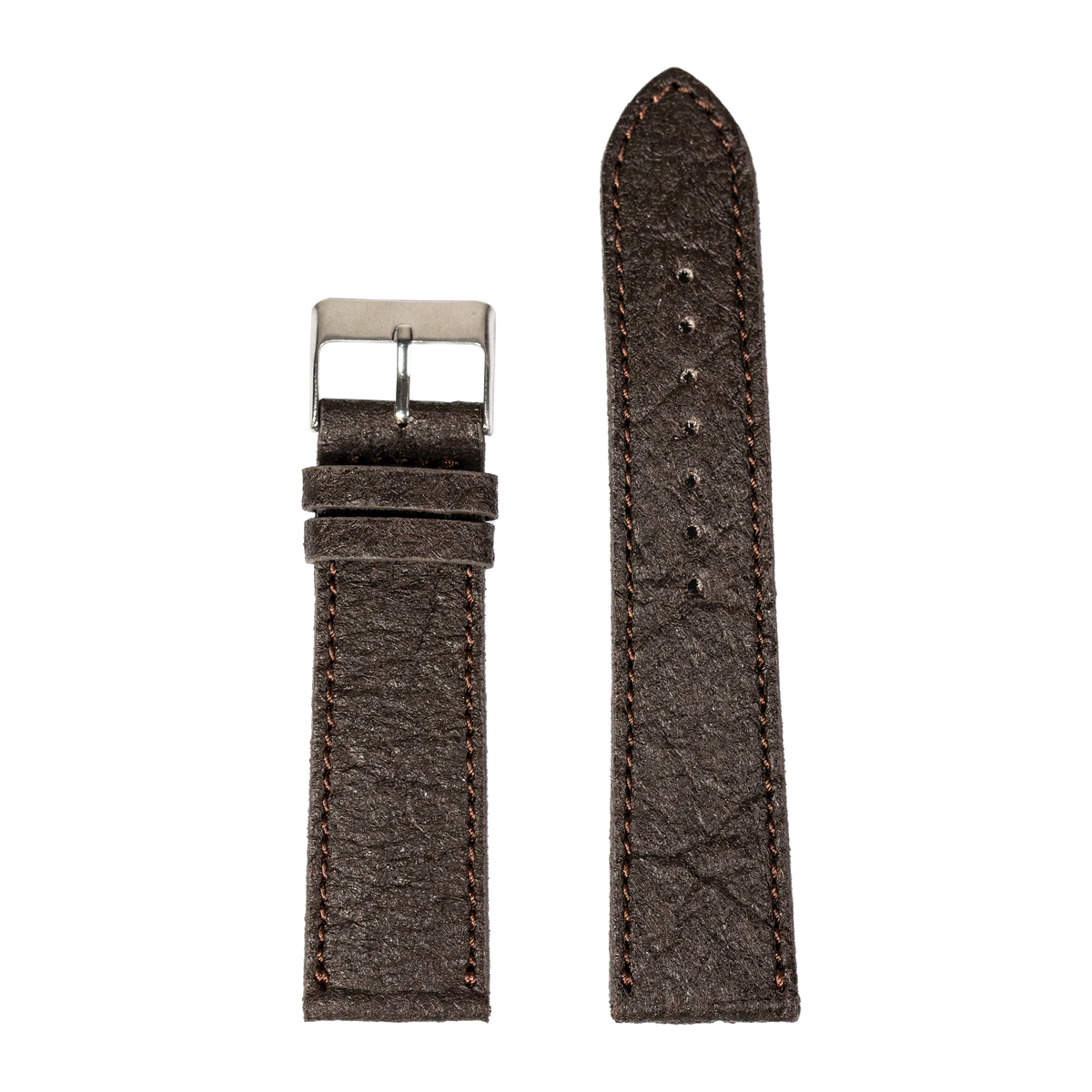 Dark brown vegan leather Apple Watch band with stitched edges and brushed metal buckle, shown front and back view