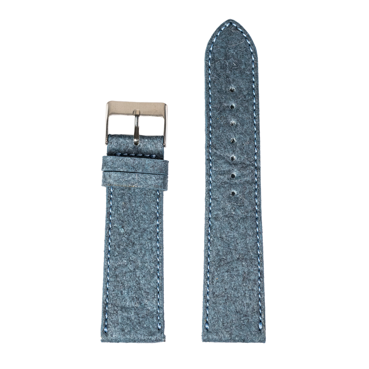 Denim blue vegan leather watch band with white stitching and stainless steel buckle for Apple Watch