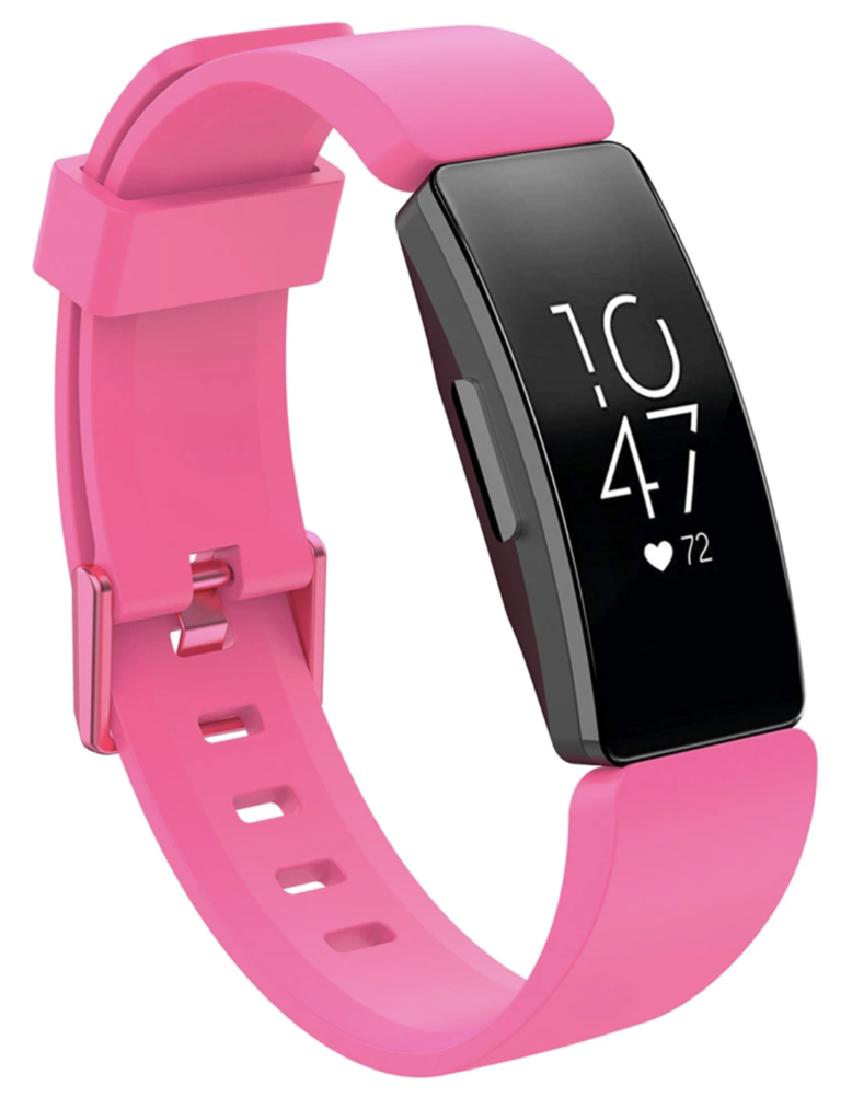 Pink silicone fitness tracker band with buckle clasp and black digital display showing time and heart rate monitor