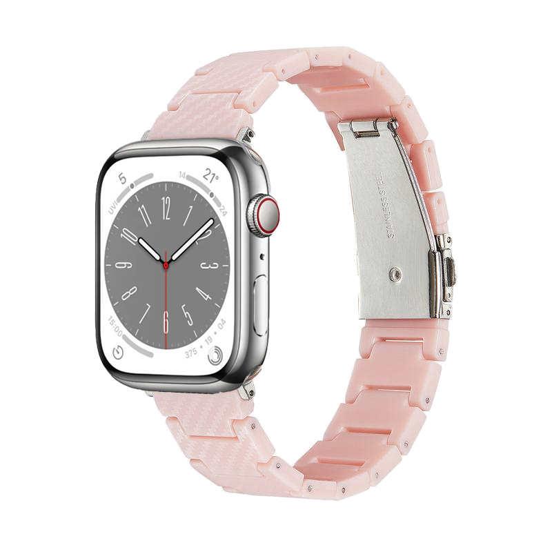 Stainless steel smartwatch with gray dial and pink carbon fiber bracelet band with metal clasp