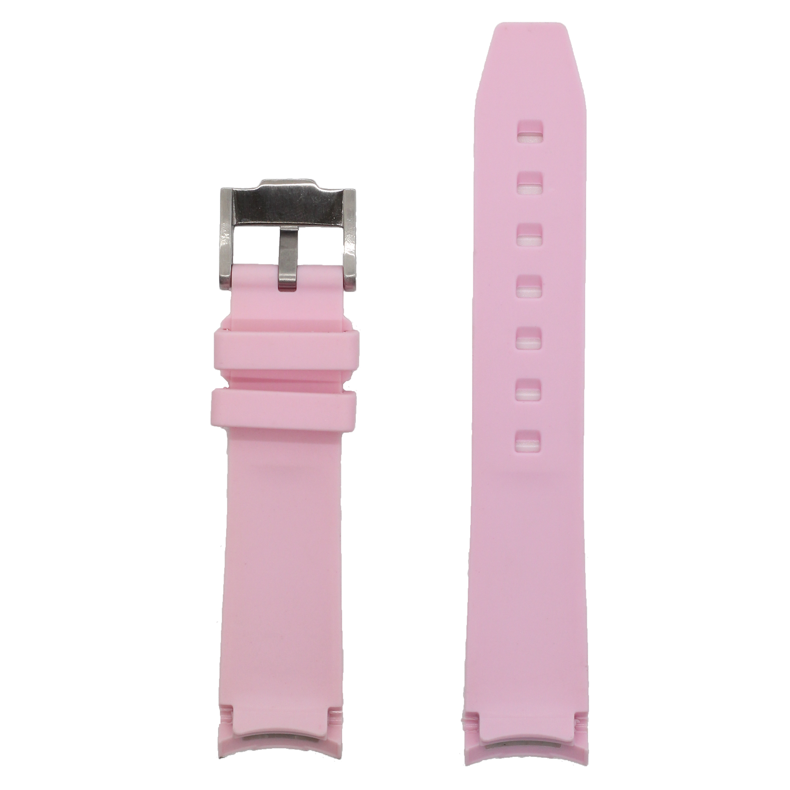 Pink curved rubber watch band with stainless steel buckle and adjustable holes
