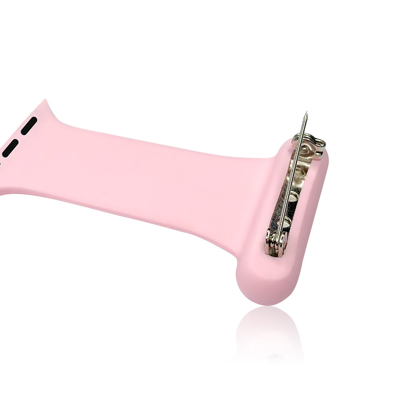 Pink silicone Apple Watch band replacement with stainless steel clip attachment for medical professionals