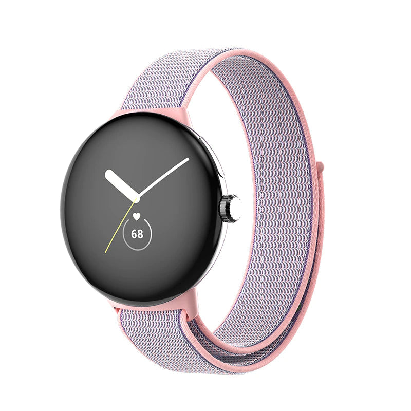 Black smartwatch with pink fabric sports loop band displaying time and heart rate monitor on screen