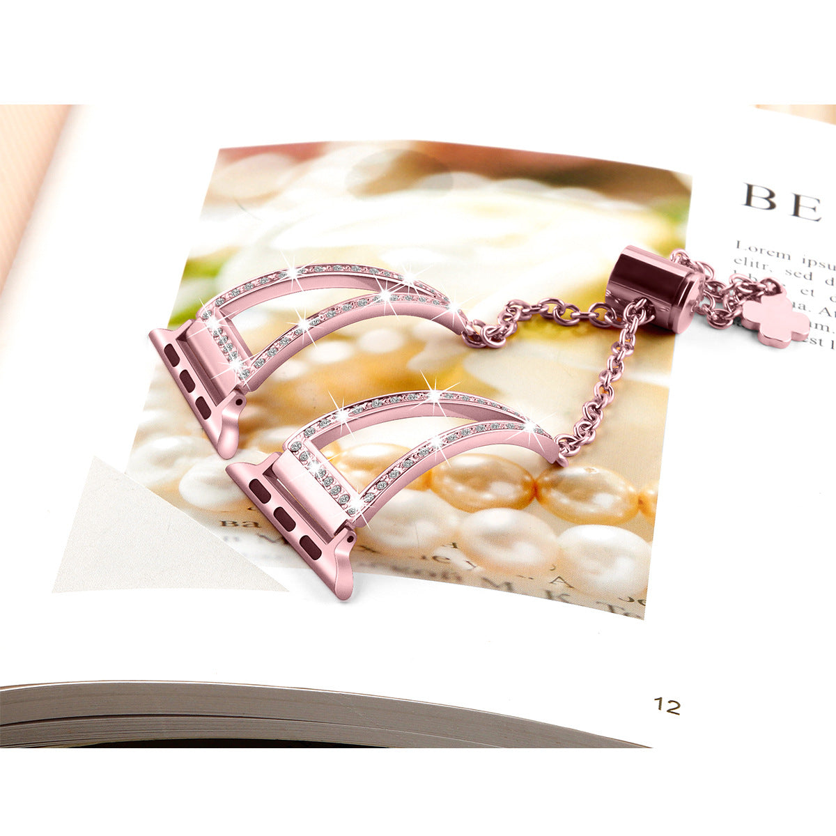 Rose pink diamond-encrusted Apple Watch band with chain connector and magnetic clasp