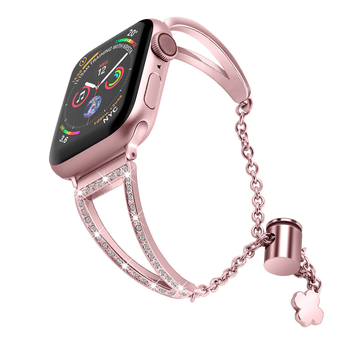 Rose pink smartwatch band with crystal-embellished bracelet design and flower charm pendant for women