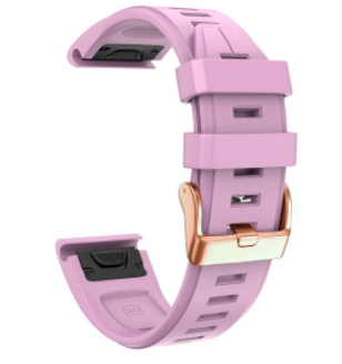 Purple silicone smartwatch band with rose gold buckle and quick-fit connector system