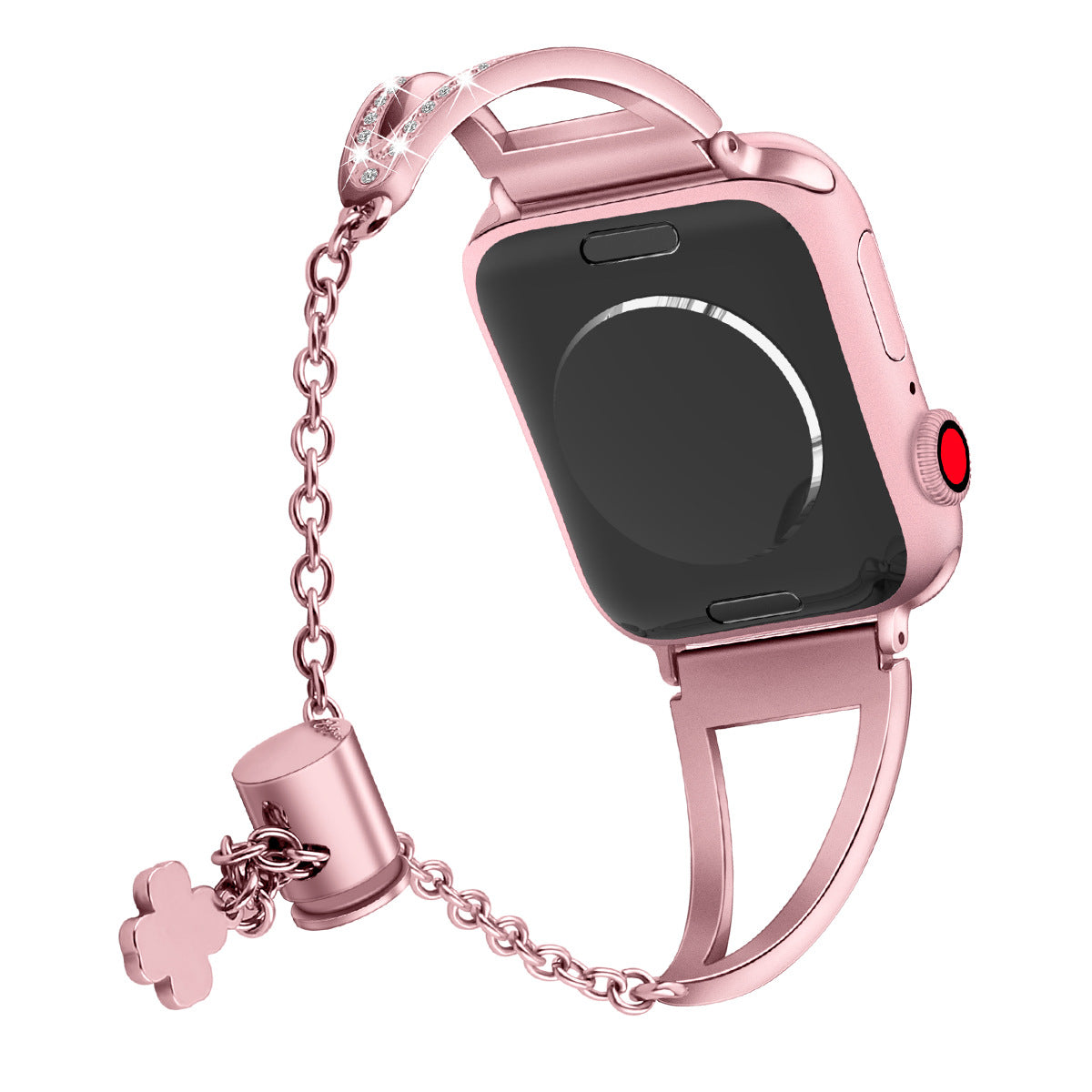 Rose pink smartwatch case with decorative chain bracelet and crystal-embellished charm for Apple Watch