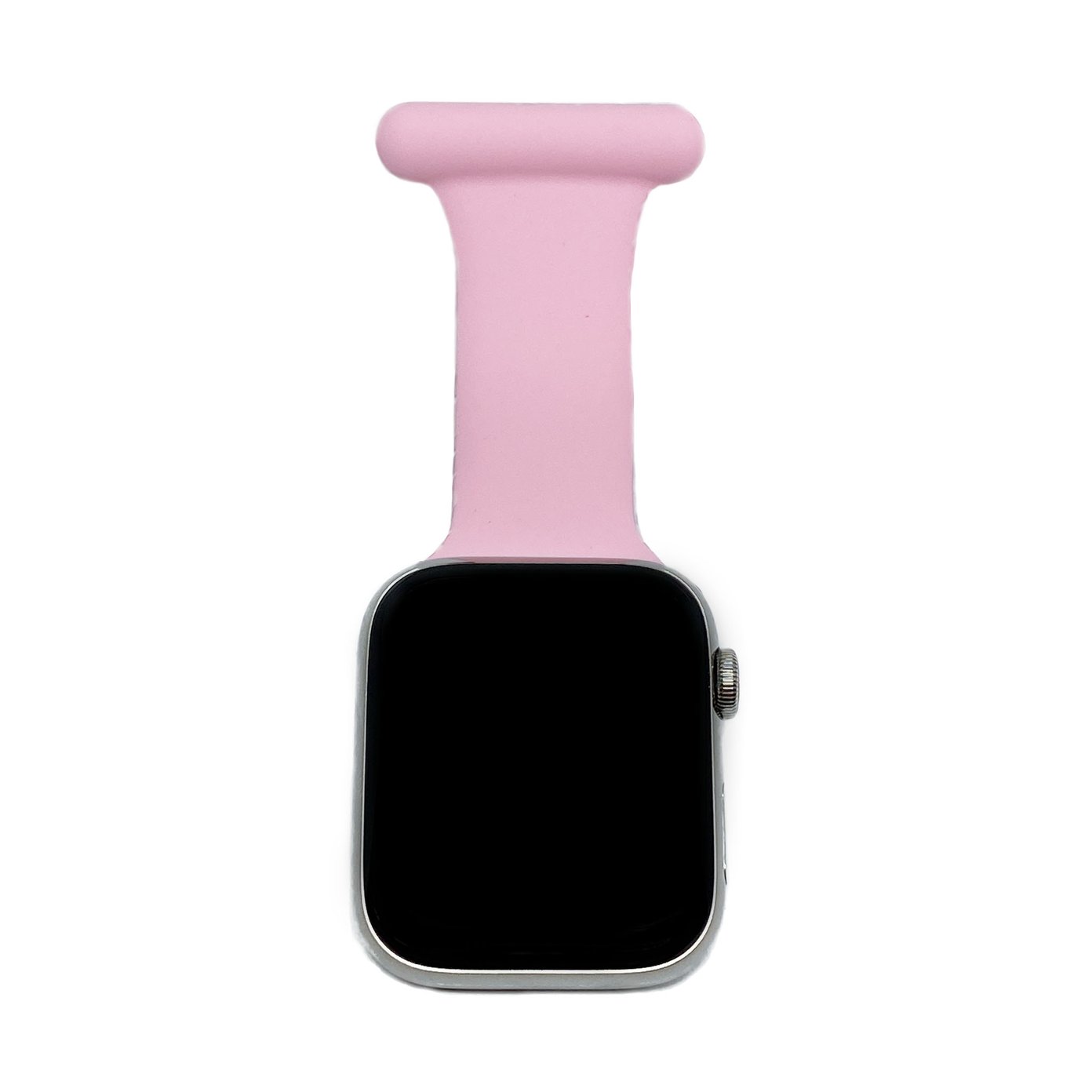 Pink silicone job fob for Apple Watch with secure clip attachment for healthcare professionals and medical workers