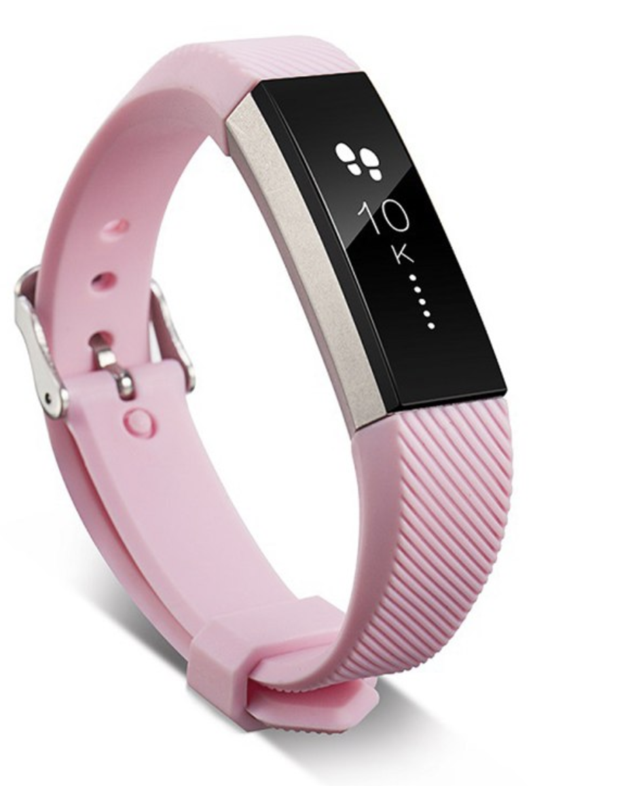 Pink silicone fitness tracker band with black display showing time and step count, featuring adjustable buckle closure