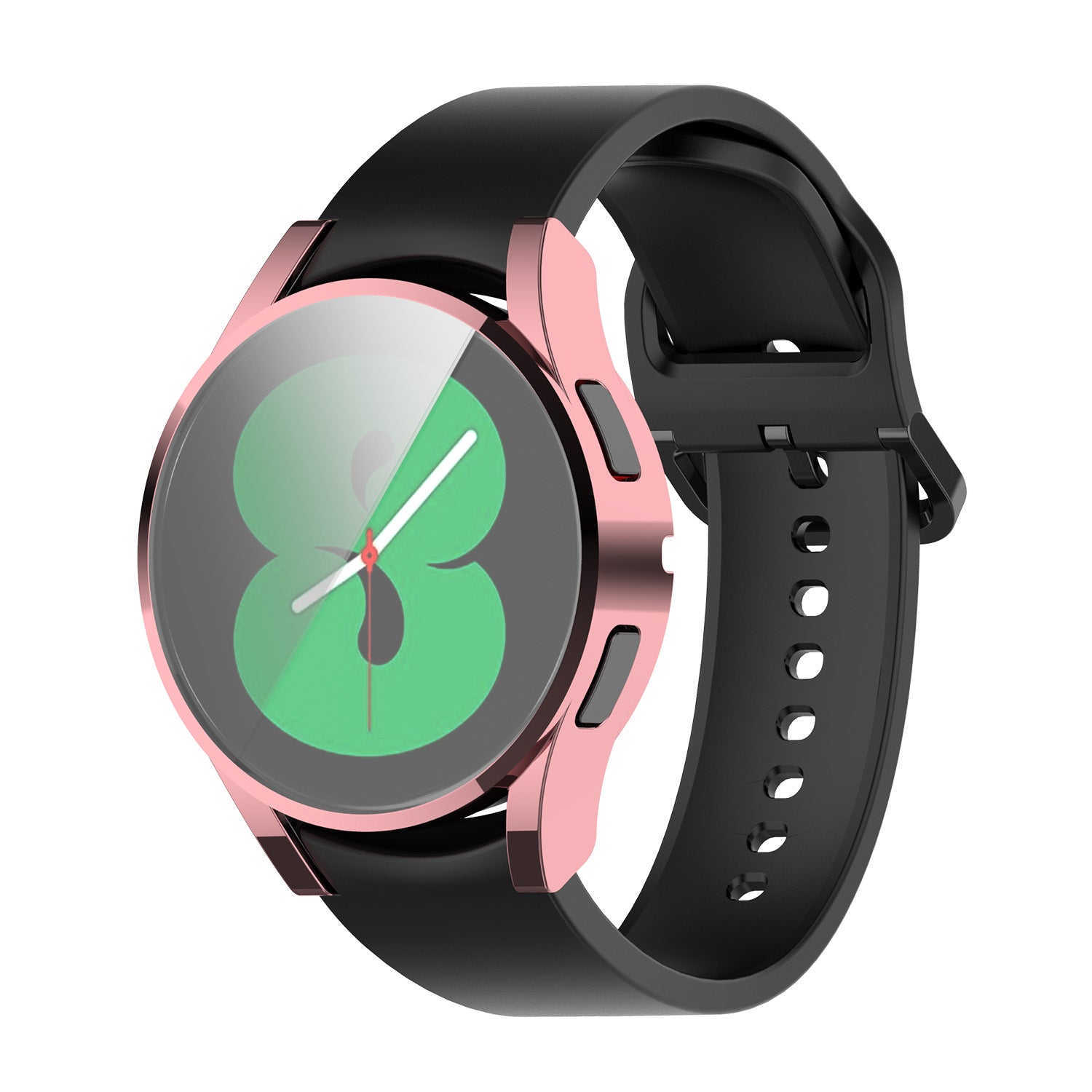 Rose gold protective case for Galaxy Watch 4 with black silicone band and green watch face display