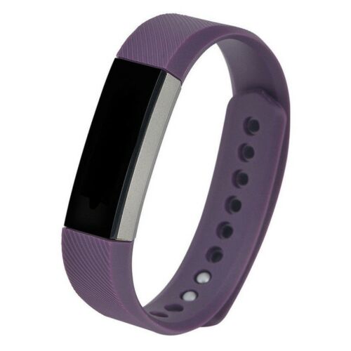 Purple silicone fitness tracker band with black display screen and adjustable wrist strap
