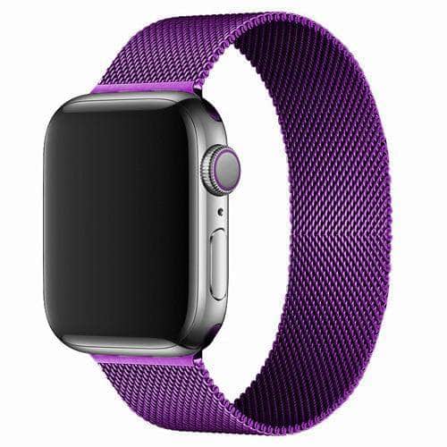 Purple milanese loop band for smartwatch with magnetic closure and stainless steel case on white background