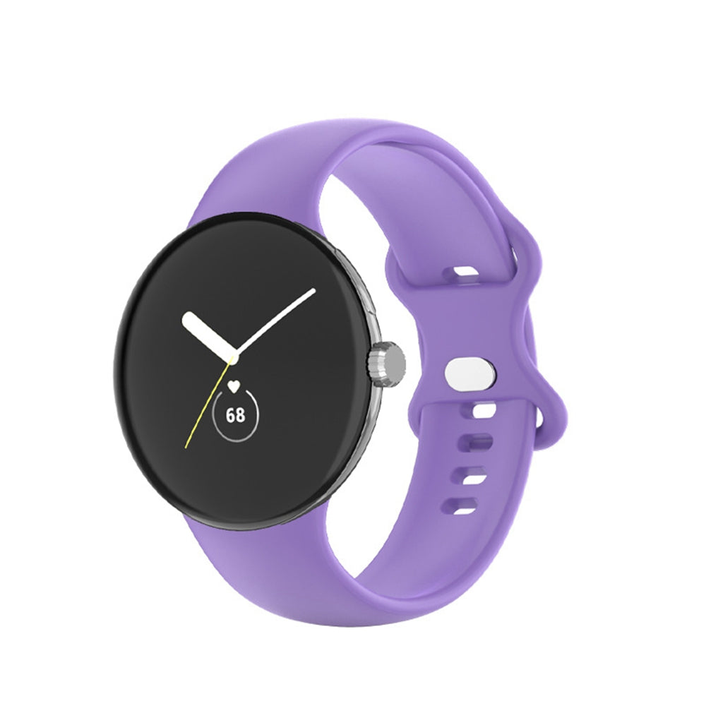 Purple silicone smartwatch band with black digital watch face displaying time and heart rate monitor