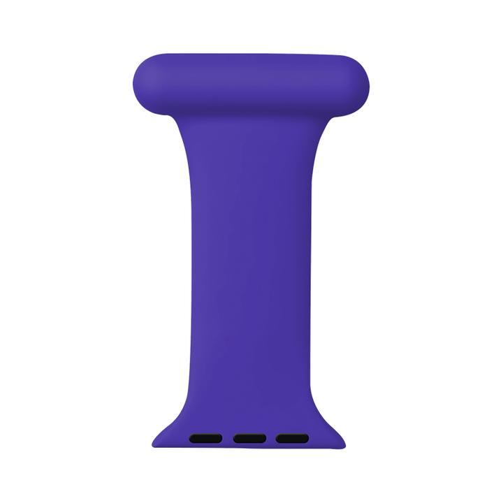 Purple silicone clip-on fob with rounded top and charging ports for Apple Watch band attachment
