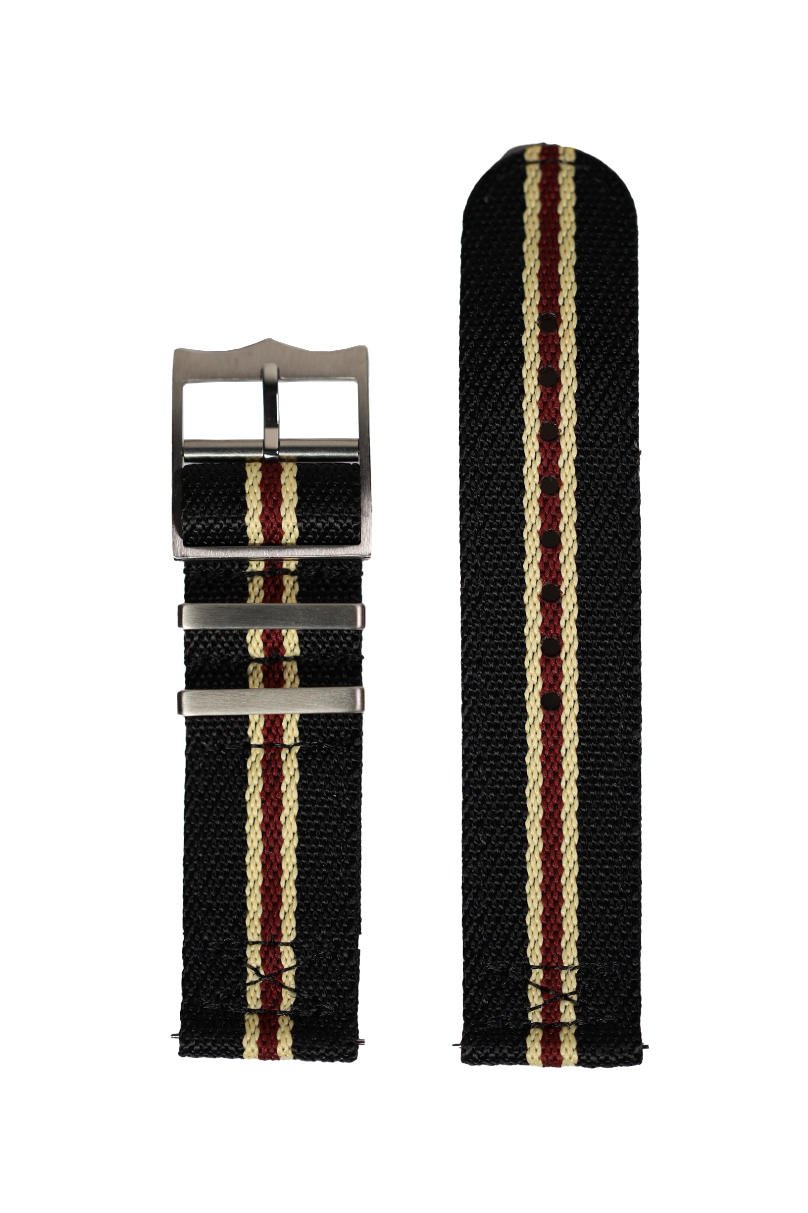 Black canvas watch strap with beige and maroon stripes, QuickFit 26mm military style band with stainless steel buckle