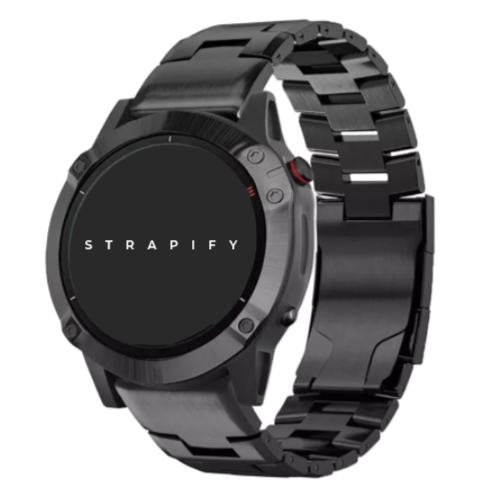 Black titanium QuickFit bracelet smartwatch band with metal link strap on dark watch face
