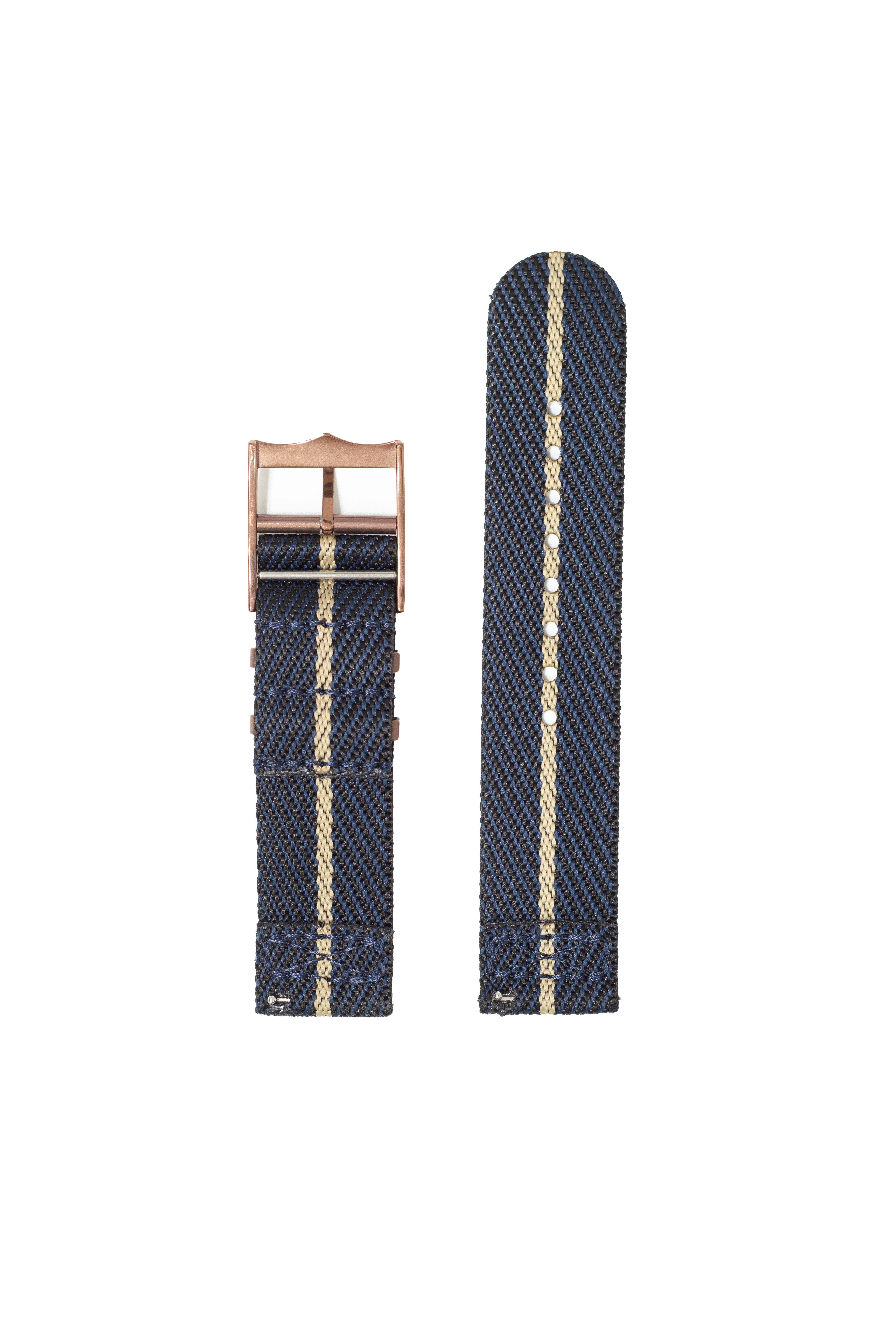 Blue and wheat canvas watch strap with bronze hardware and quick release mechanism, shown folded and unfolded