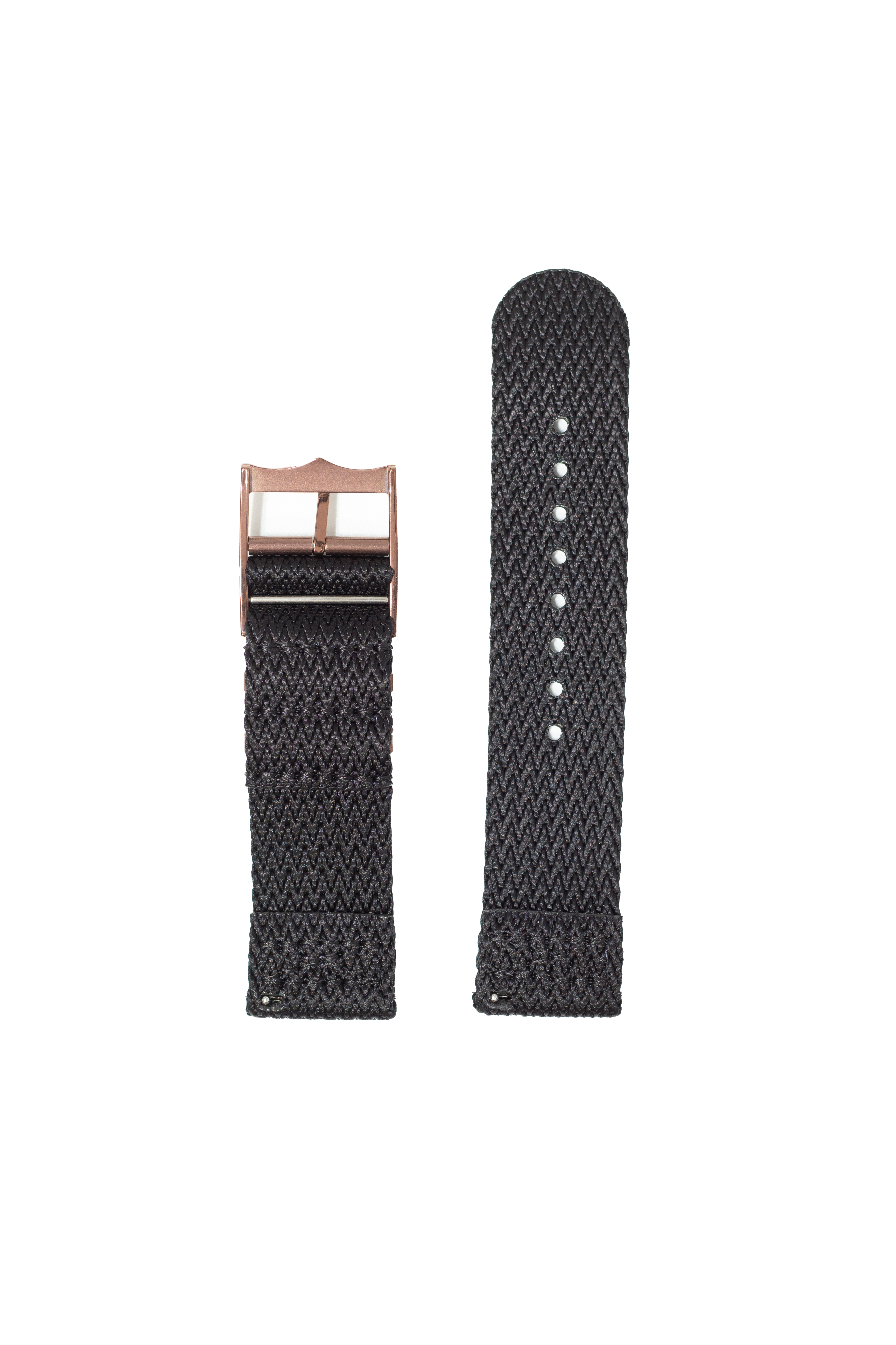 Black Militex quick release watch strap with bronze hardware and sharktooth pattern texture