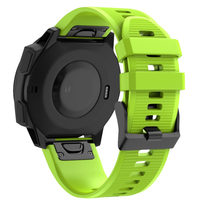 QuickFit flexi silicone watch band in neon yellow-green with black case and adjustable strap closure