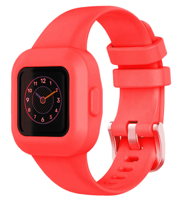 Bright coral red silicone smartwatch band with protective case and analog clock display for kids fitness tracker
