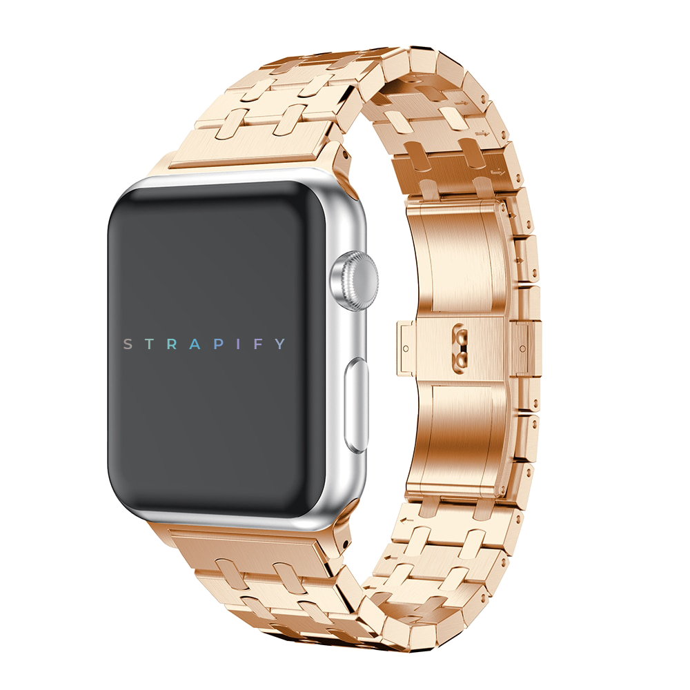 Rose gold stainless steel bracelet band for Apple Watch with link design and butterfly clasp