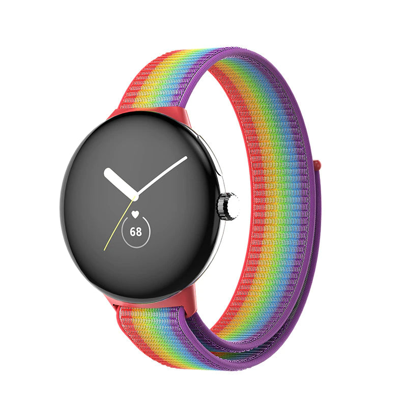 Black smartwatch with rainbow gradient velcro sports loop band showing fitness tracker display