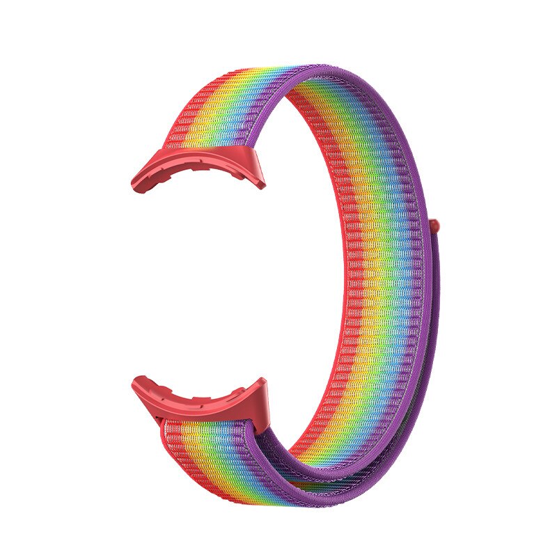 Rainbow gradient sports loop band with red connector lugs for Google Pixel smartwatch