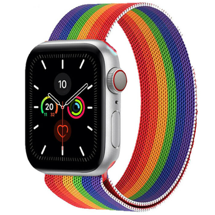 Apple Watch Series 5 with silver aluminum case and rainbow pride woven loop band featuring red, orange, yellow, green, blue stripes