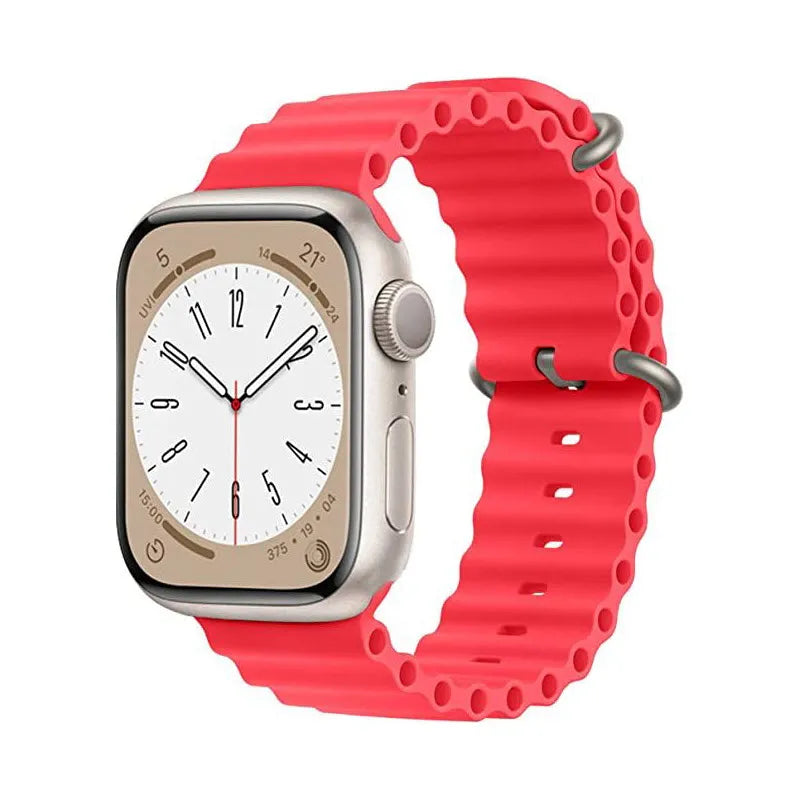Silver smartwatch with cream dial and red ocean loop band featuring textured design and adjustable fit