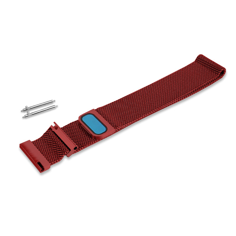 Red Milanese mesh watch band with quick release pins and blue buckle detail