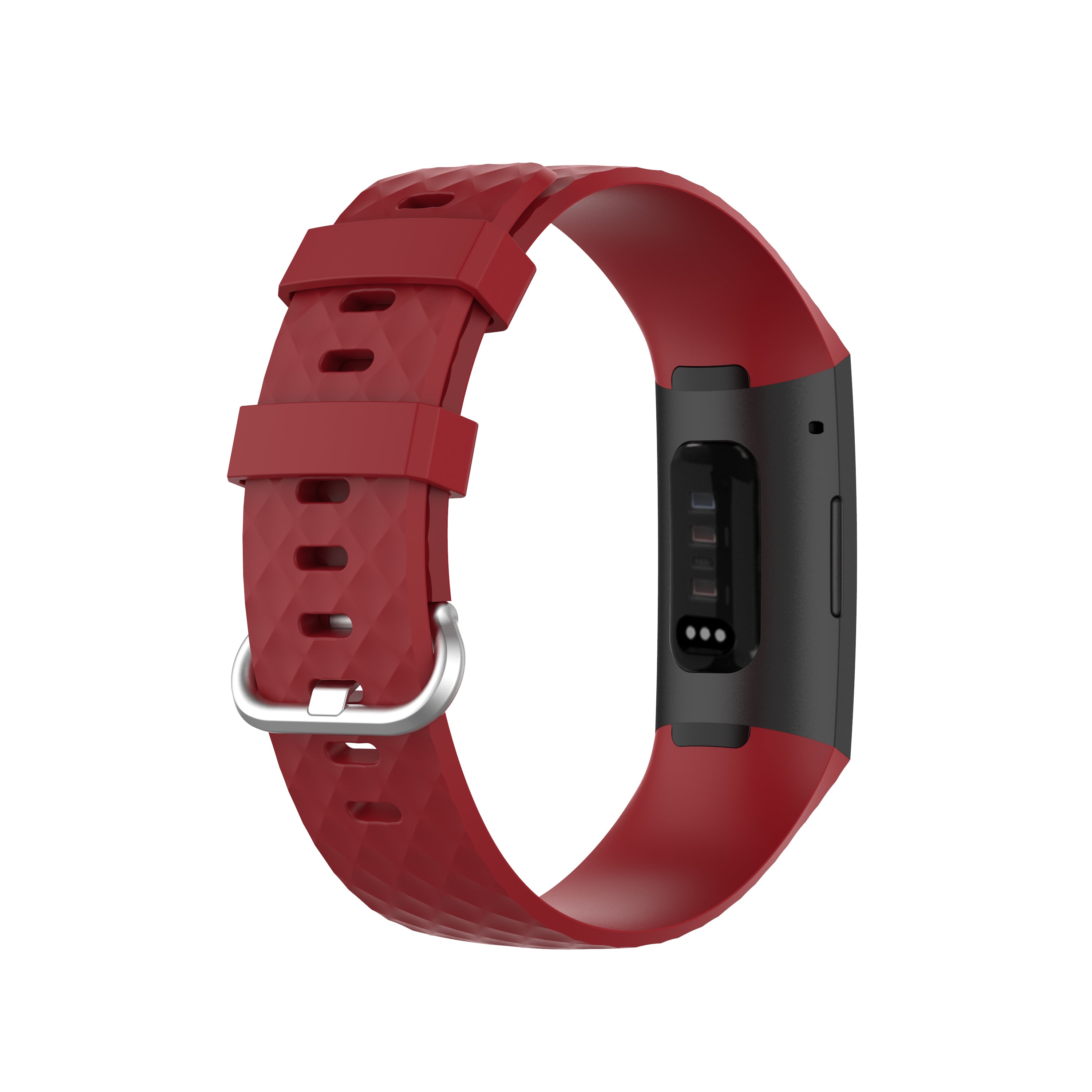 Red silicone sport band for Fitbit Charge 3 and Charge 4 fitness trackers with adjustable strap and silver buckle closure