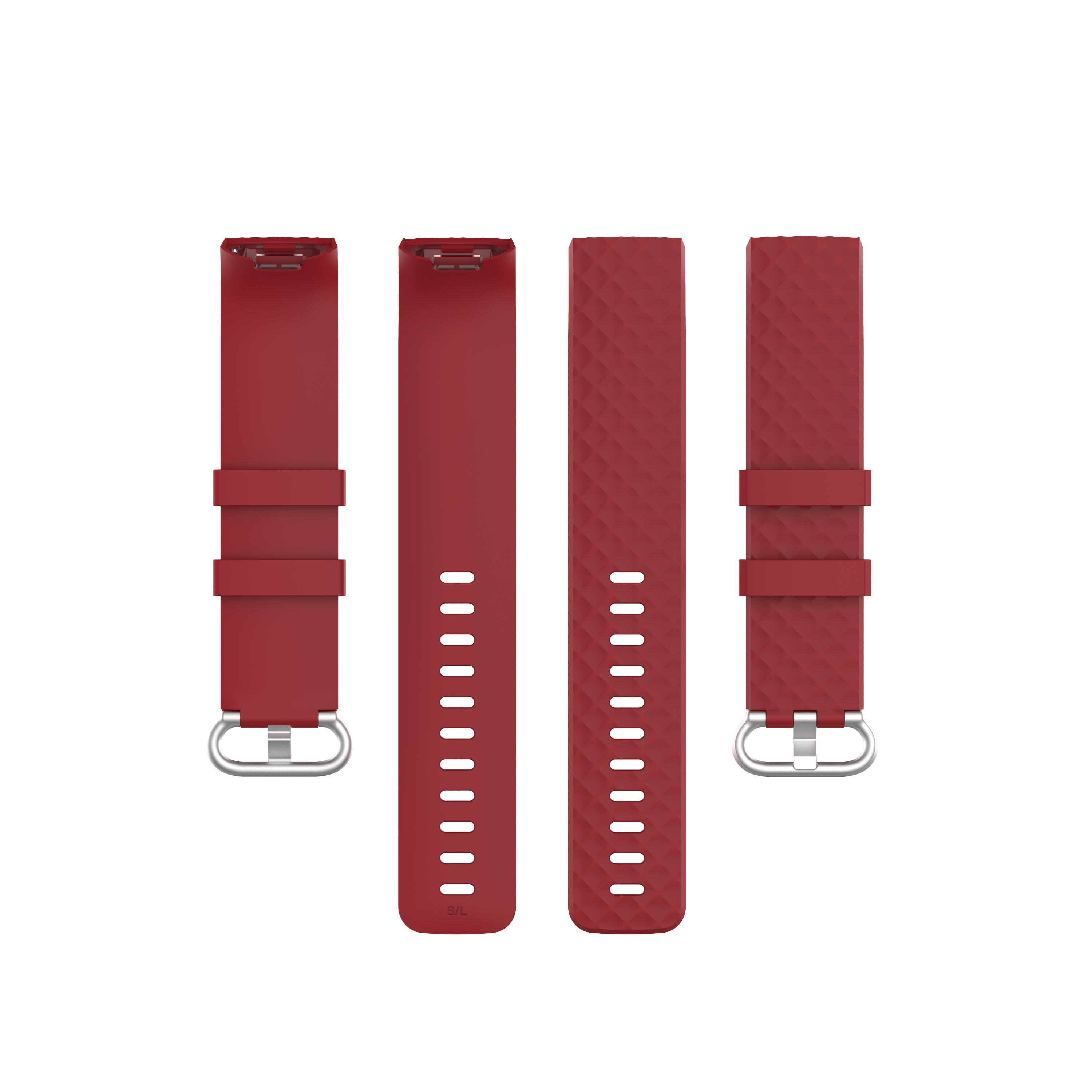 Red silicone bands for Fitbit Charge 3 and Charge 4 smartwatches with metal connectors and ventilation holes