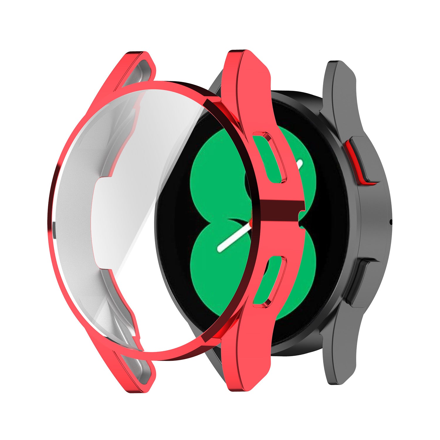 Red protective TPU case for Galaxy Watch 4 with transparent cover and green watch face visible
