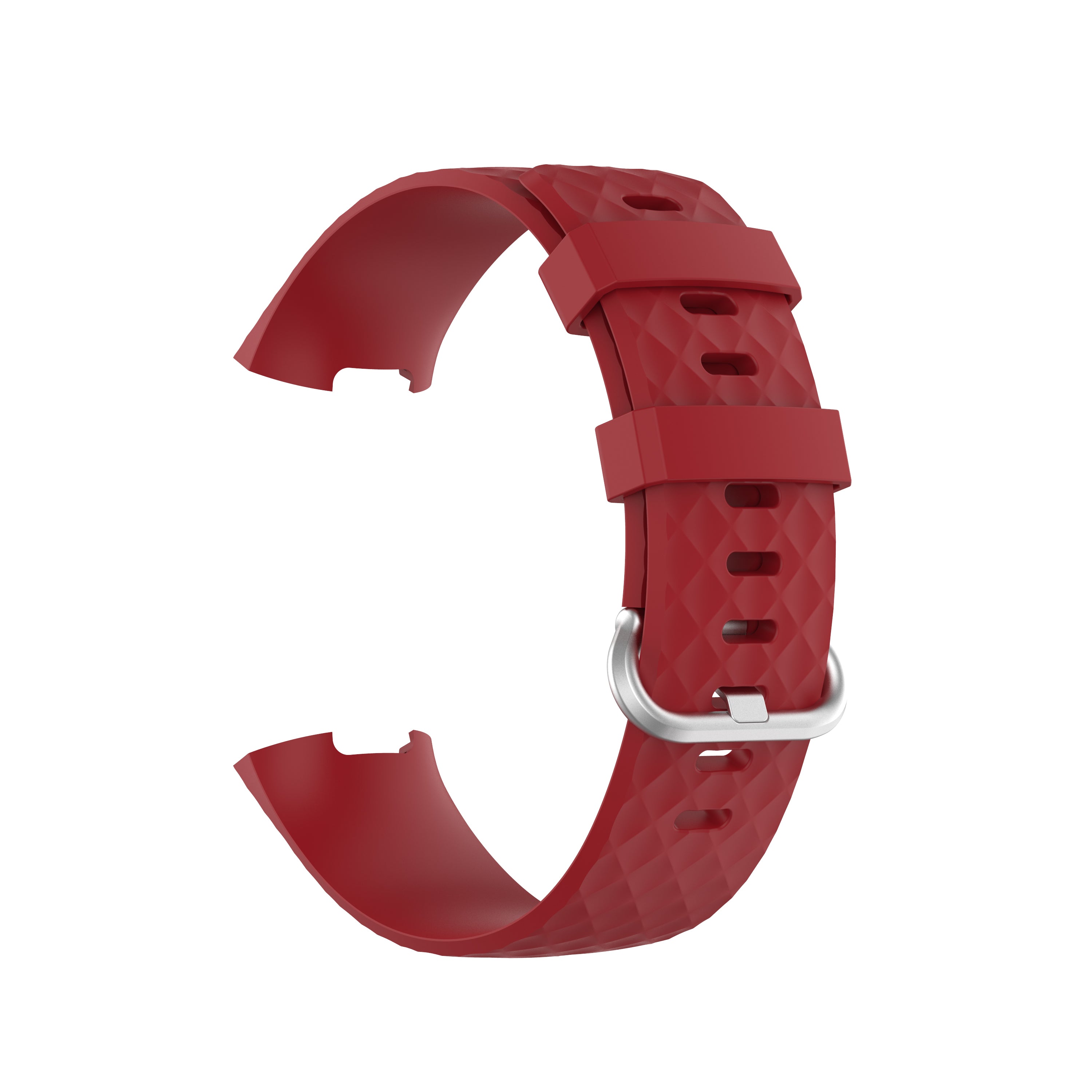Red silicone watch band for Fitbit Charge 3 and 4 with textured pattern and silver buckle closure