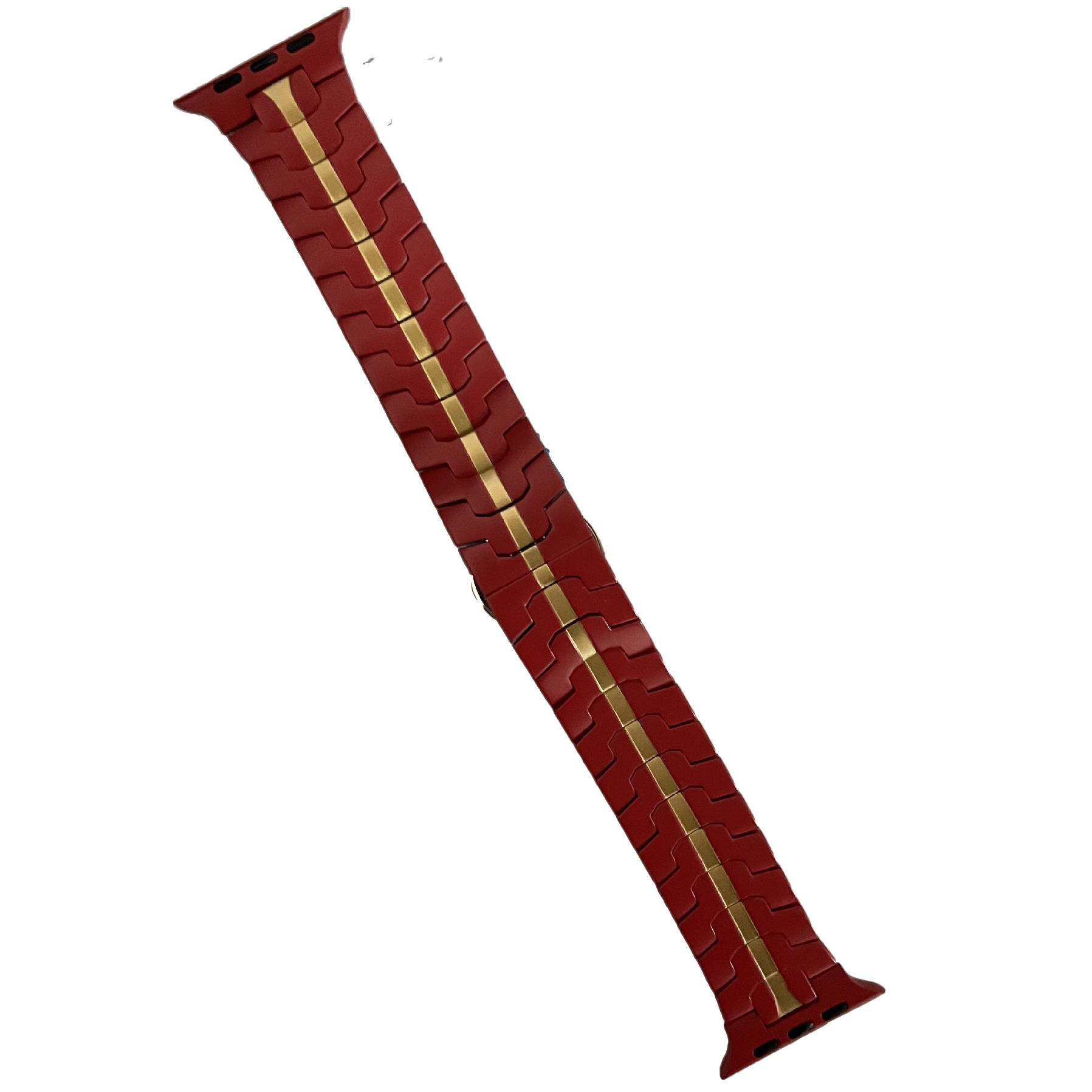 Red leather Apple Watch band with gold connector links and textured quilted pattern design