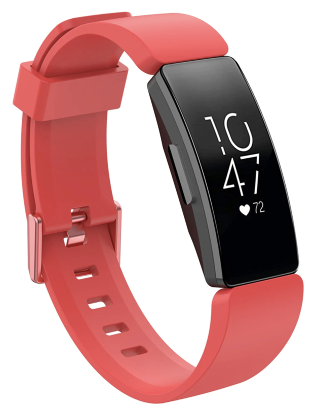 Coral red silicone fitness tracker band with buckle clasp and black display screen showing time and heart rate monitoring