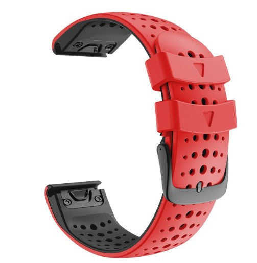 Red and black perforated silicone sports watch band with QuickFit connector, breathable design for active wear