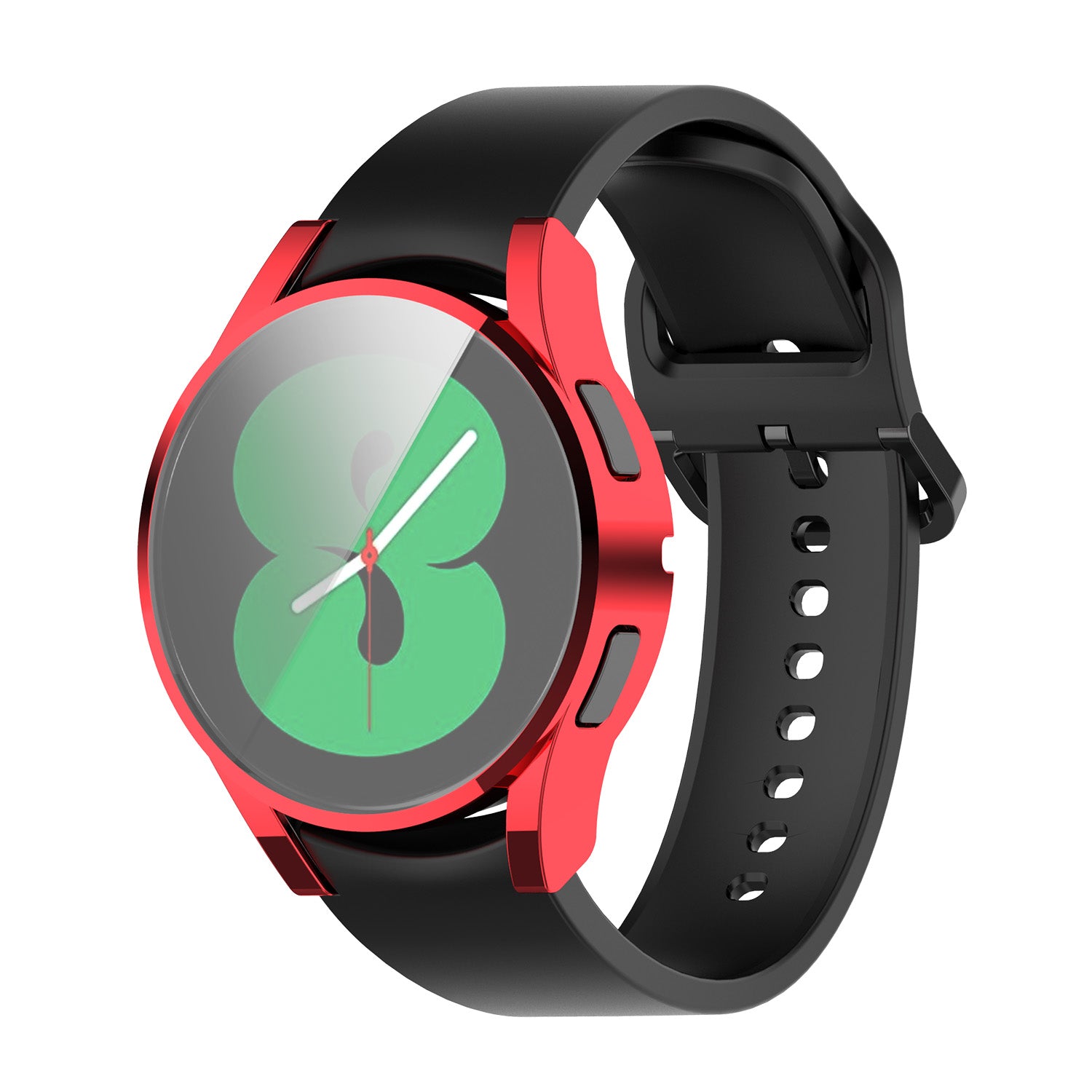 Red protective case for Galaxy Watch 4 with black silicone band and green watch face display