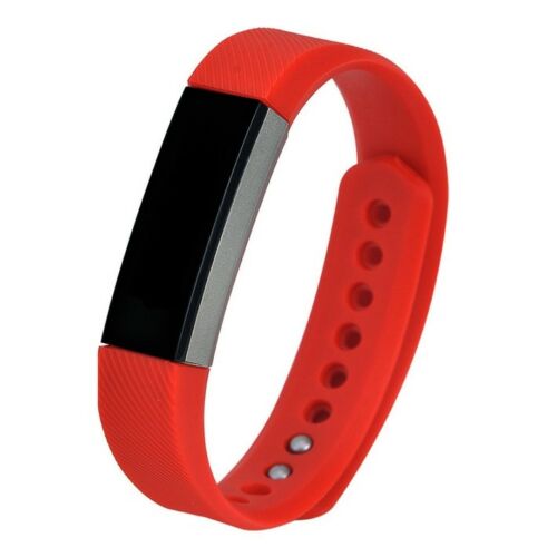 Red silicone fitness tracker band with black display screen and adjustable strap holes